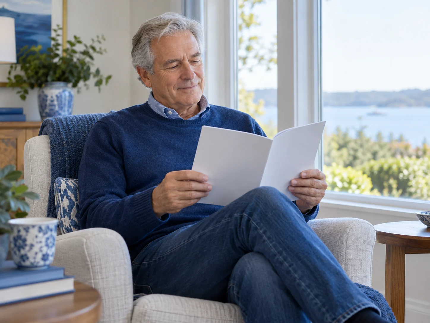 Illustrative image of an older adult reading a booklet beside a bright window.